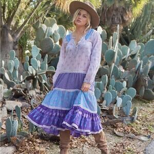 BLUE BOHEME Cora Printed Long Dress Block Print Cotton Bohemian size M/L